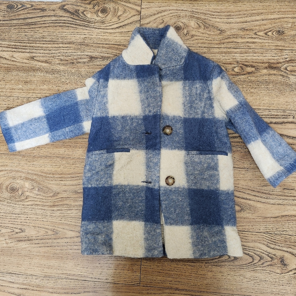 Zara Blue Beige Plaid Wool Blend Coat Size 7